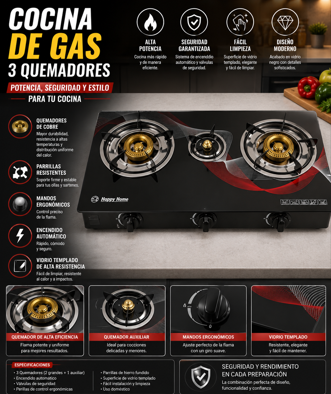 Cocina de gas 3 quemadores