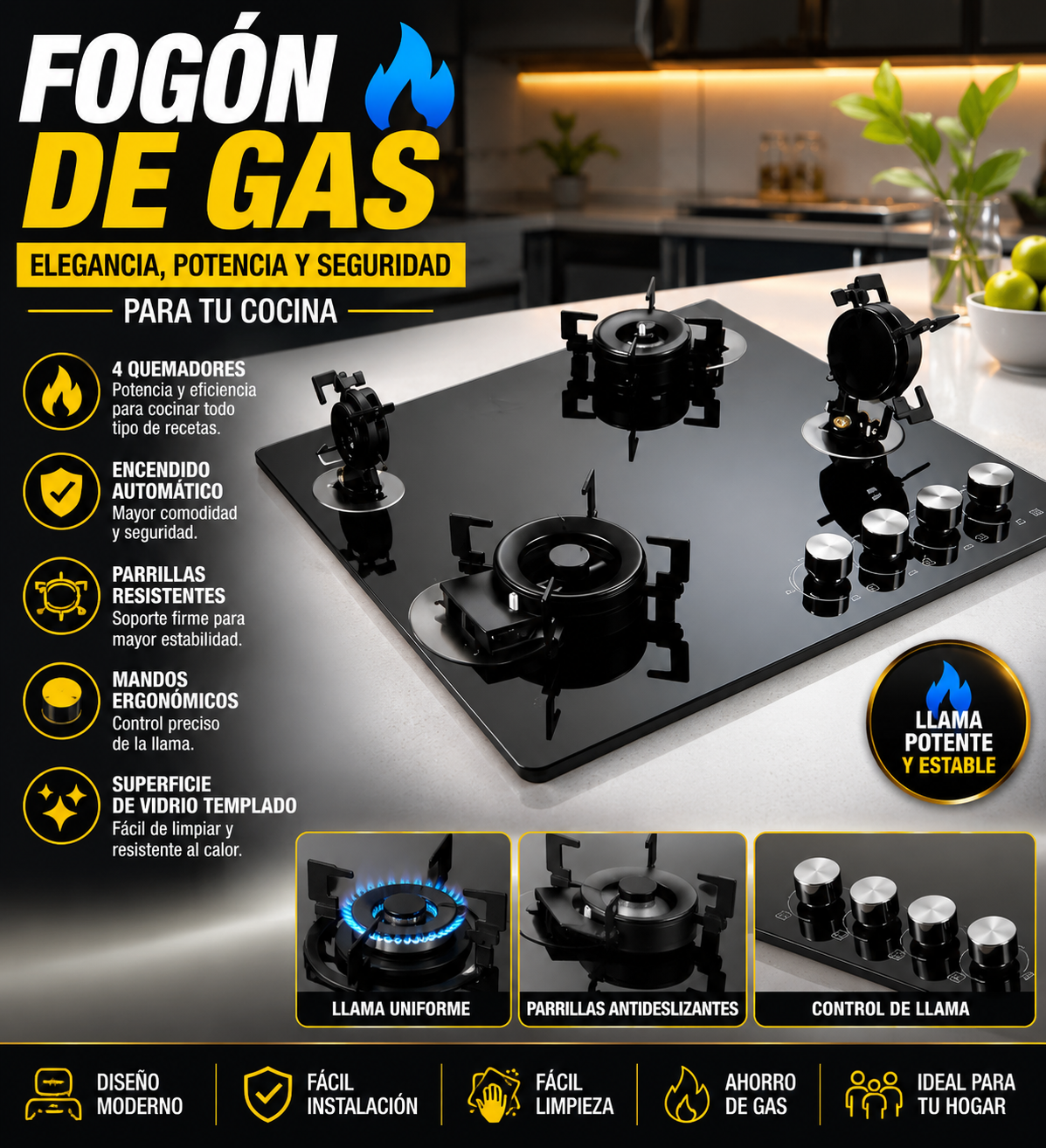 Cocina de gas de empotrar de 4 quemadores